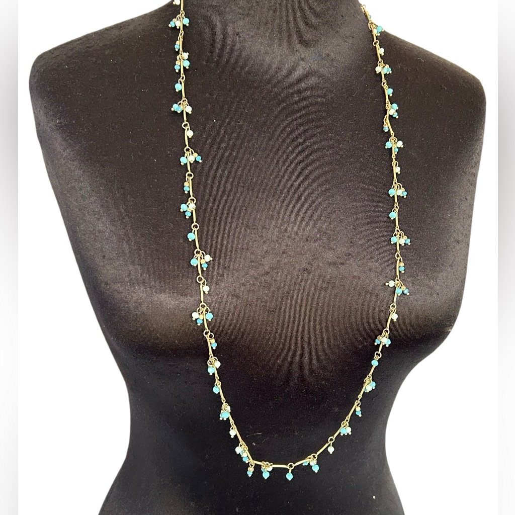 Marlyn Schiff Long Silver Links And Blue Beads Necklace 37.5” Vintage